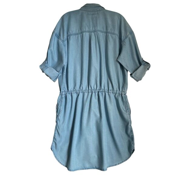 OOAK Shirt Dress M Chambray Blue Hand Embroidered Floral Lyocell Roll Tab Boho - Picture 2 of 11